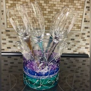 5 Pcs Euroglass Multicolor Footless Champagne Flutes W/Stained Glass Ice Bucket